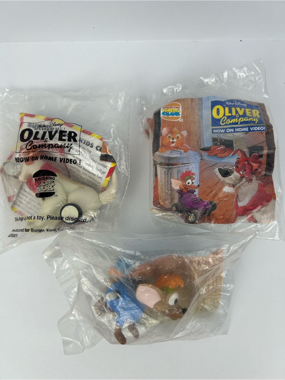 1996 Burger King Oliver & Company Kids Meal Toys Sealed Set of 3 Tito And Dodger
